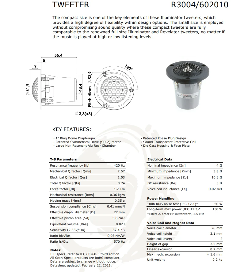 Scan-Speak R3004/602010-1 дюйм кольцо купольной мембраной/твитер блок 4ohm-87.4dB-130W Вес 0,2 кг