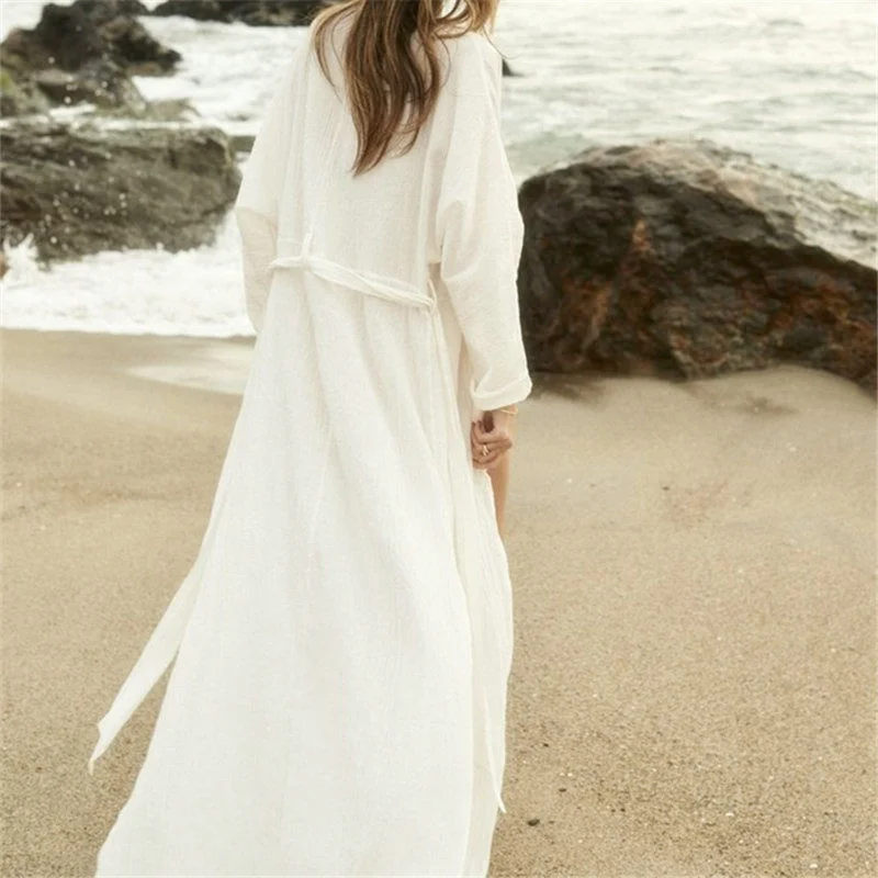 Белое однотонное богемное пляжное платье-туника с поясом и высокой талией летнее женское элегантное платье с запахом N587