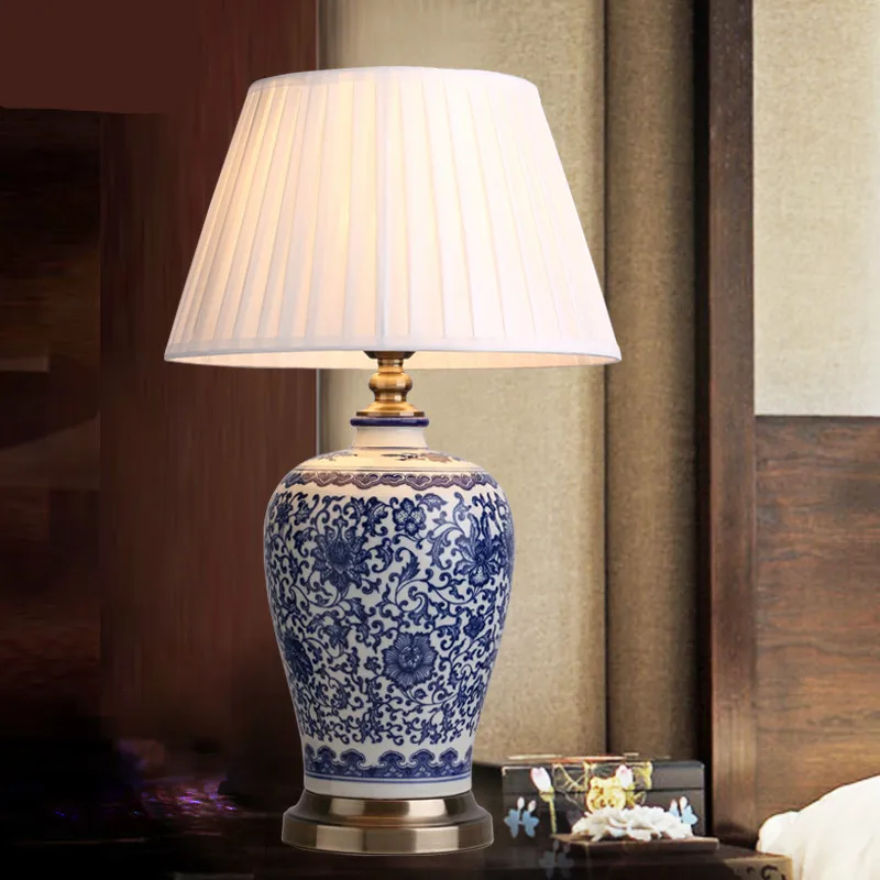 High End Handmade Elegant Chinese Blue And White Ceramic Fabric Led E27 Dimmer Table Lamp For Living Room Bedroom H 58cm 1261