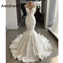 Сексуальное свадебное платье русалки,, прозрачное, обнаженное сзади, с бисером, кружевное, атласное, с v-образным вырезом, Robe de Mariee, цвета слоновой кости, настоящее свадебное платье