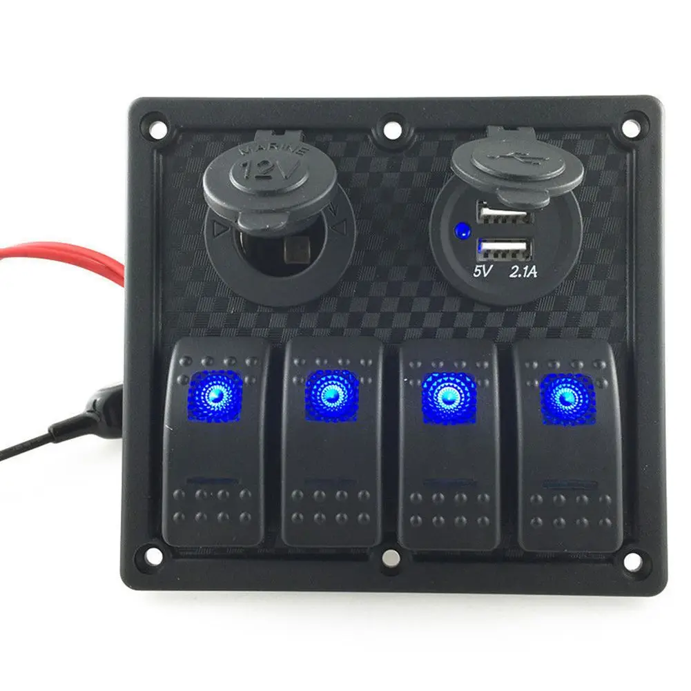

12V-24V 4 Gang Waterproof Auto Car Marine Boat Toggle Rocker Switch Panel 2.1A + 1A Dual USB Charger Cigarette Lighter Socket