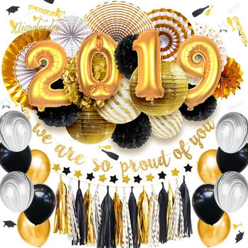 

NICROLANDEE 49 pcs/set Graduation 2019 We Are So Pround of You Gold Black Party Decoration Kit Balllons Flowers DIY Home Decor
