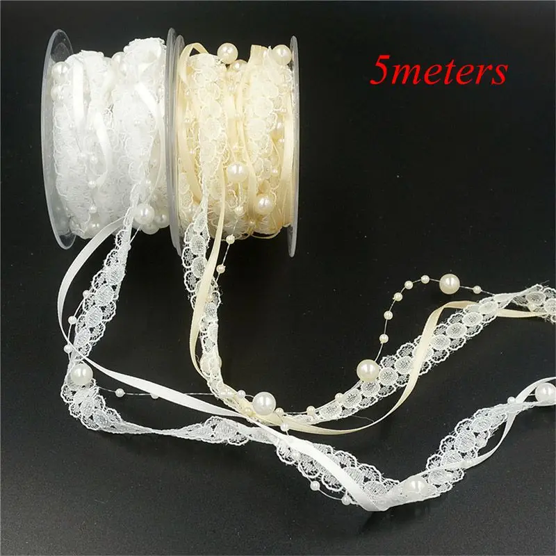 

5 meters White Lace Christmas Ribbon Simulated Pearl Chain for Needlework Handmade Gift Wrapping Tree nastri natalizi ruban noel