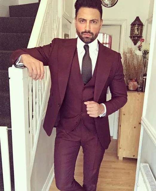 

Custom Burgundy Mens Dinner Party Prom Mens Suits 3 Pieces (Jacket+Pants+Vest+Tie) Groom Tuxedos Groomsmen Wedding Blazer Suits