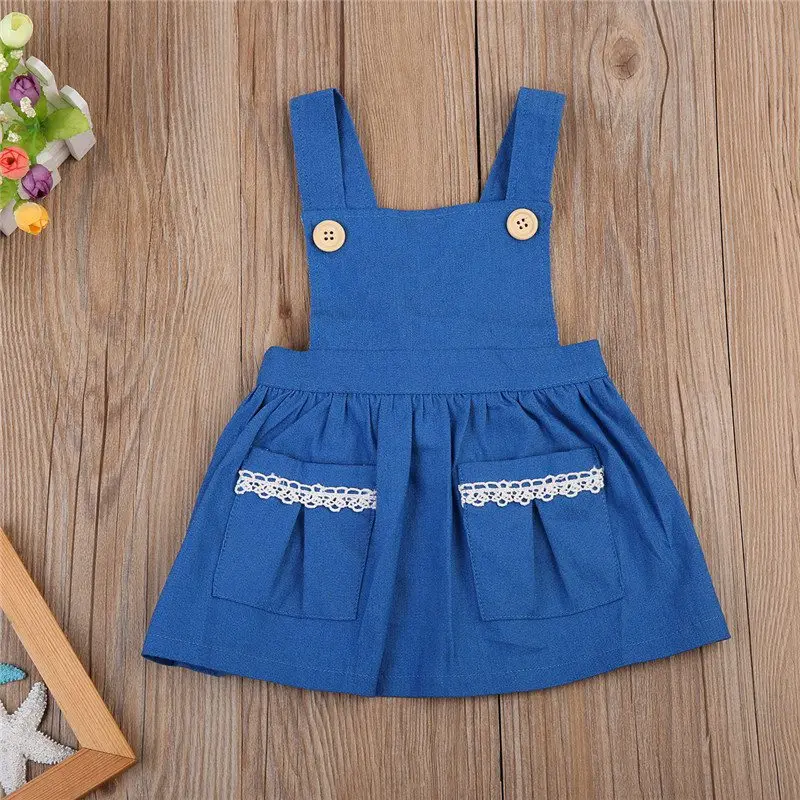 

Fashion Blue Cotton High Quality Summer Dresses Sling strapless back Outdoor Princess Sleeve Children Girls Dresses Kids Clothes