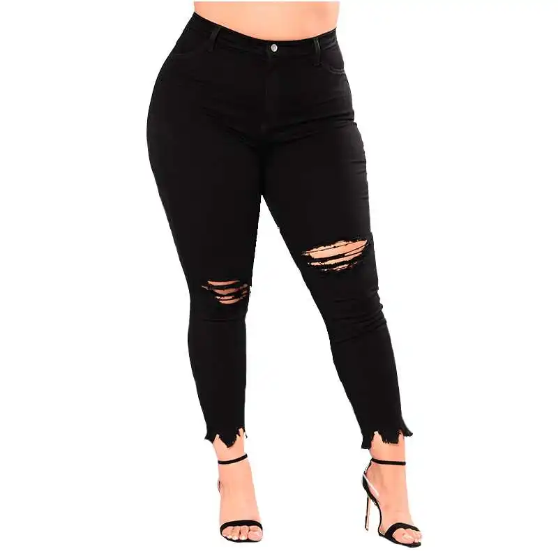 

ripped hole PLUS SIZE sexy Jeans Women High Waist Pencil black Denim Pants women ripped hole washed stretch elastic Jeans women