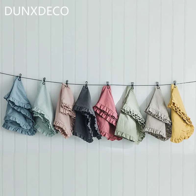 

DUNXDECO Bedding Decorative Pillow Case Plain Cotton Cushion Cover Modern Simple Ruffle Border Throw Warm Bed Room Decoration