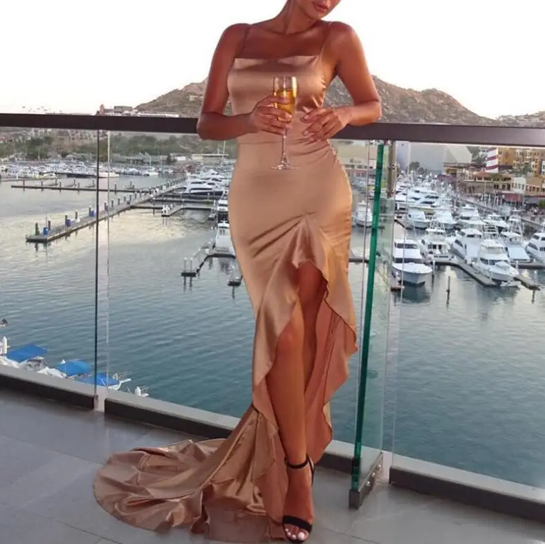 

Irregular Ruffles Sexy Long Maxi Christmas Dress Women Red Satin Backless Bodycon Dress Elegant Split Party Dress 2018