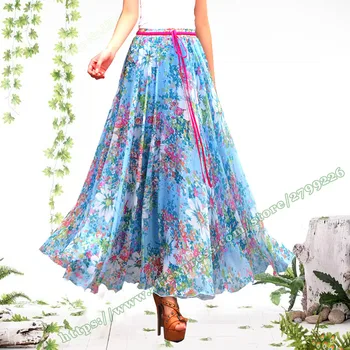 

2018 Plus Large Size 6XL 5XL XXXXXL Fashion Summer Sweet Elegant Floral Chiffon Feminina Female Long Beach Skirt / Skirts Womens