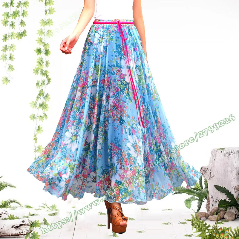 

2018 Plus Size 6XL 5XL XXXXXL Fashion Summer Wweet Elegant Floral Chiffon feminina Long Skirt / Female Maxi Beach Skirts Womens