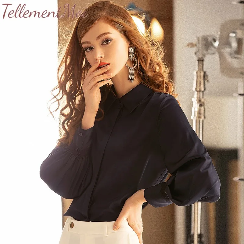Blusas Mujer De Moda 2019 элегантные Однотонные блузки для женщин отложной воротник рубашки