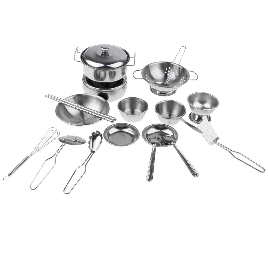 18 Pieces Simulation Silver Stainless Steel Cookware Pan Bowl Chopsticks Dish Plate Stove Children Real Cooking Toy Role Play