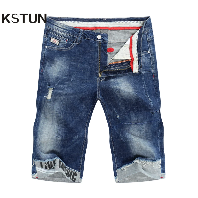

KSTUN Men's Denim Shorts Jeans 2019 Summer Thin Super Stretch Blue Ripped Biker Slim Jeans Men Skinny Cuffs Male Vaqueros Hombre