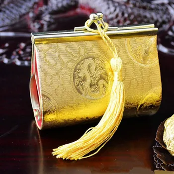 

Free shipping 8.5*3.6*6.7(cm) golden dragon or phoenix printting wedding sweet box with tassels , 55 pcs/lot ,YW5