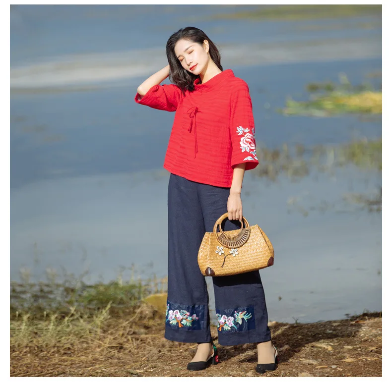 ZJN Women Tunic Blouse 2019 Spring Summer Basic Shirt Chinese Style Turtleneck 34 Sleeve Ladies Red Embroidery Sweatshirt Tops (9)