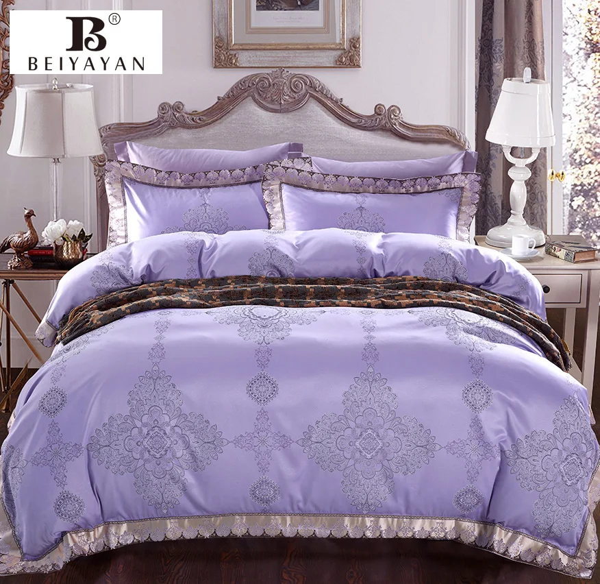 Beiyayan Purple Color Clothing Bed Quilt Cover Set 4pcs Queen King