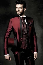 Latest Coat Pant Designs Italian Burgundy Satin Men Suit Slim Fit Tuxedo 3 Piece Groom Suits Prom Custom Blazer Terno Masculino
