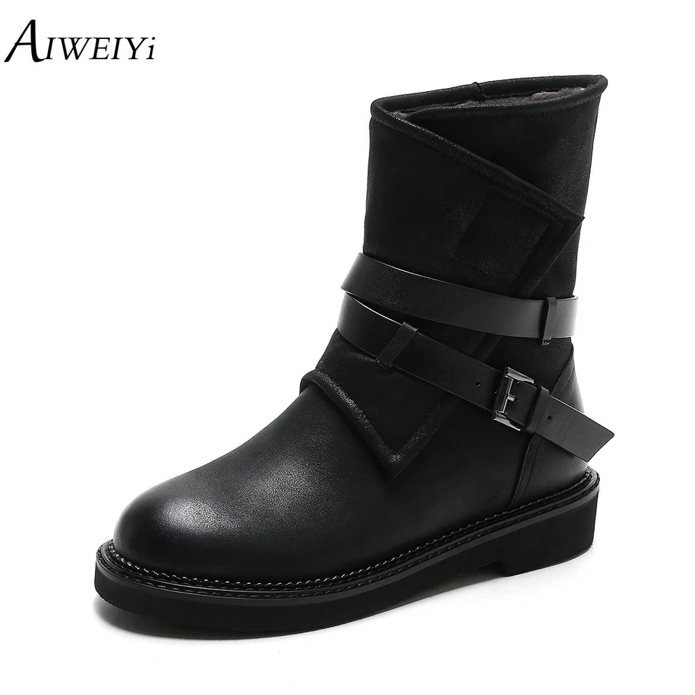 Forspring forwinter Véritable Marque Bottes Luxe Conception Hiver Chaussures De Femmes Boucle Cuir Cheville Mode En Aiweiyi Automne D'hiver Noir CoBedrx
