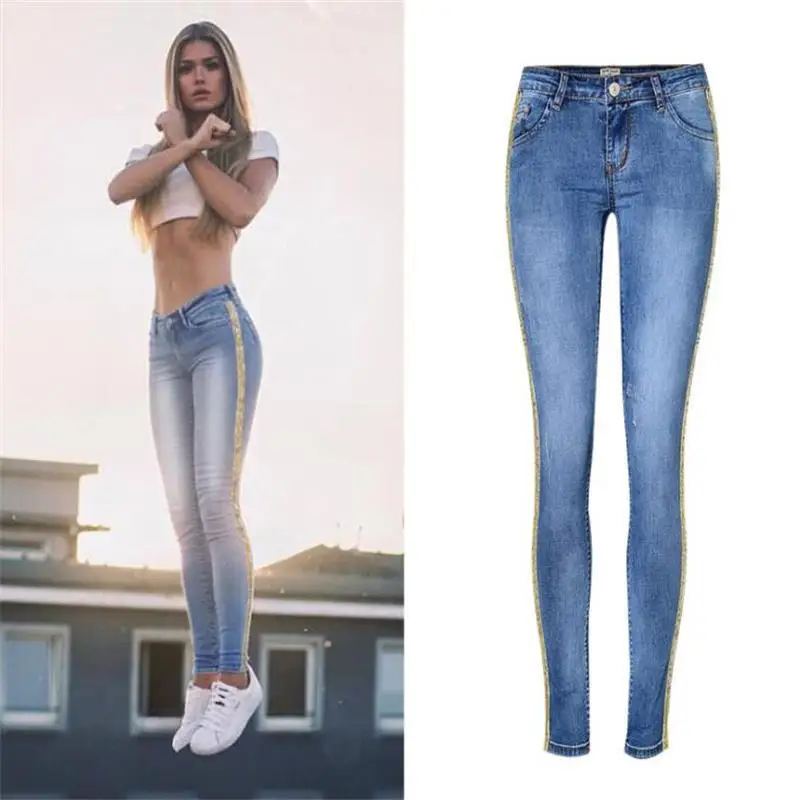 

SupSindy Hot women jeans European style fashion Gold Glitter stripe Slim Pencil Pants ladies blue jeans for women denim trousers