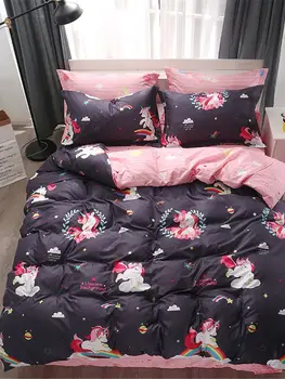 

3/4Pcs Duvet Cover Set Sweet Style Cartoon Unicorn Pattern Comfy Bedding Set