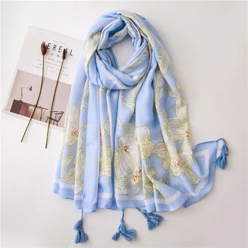 

KYQIAO women blue hijab scarf female winter elegant design long blue floral pattern scarf Sjaal Muslim Hijab Snood