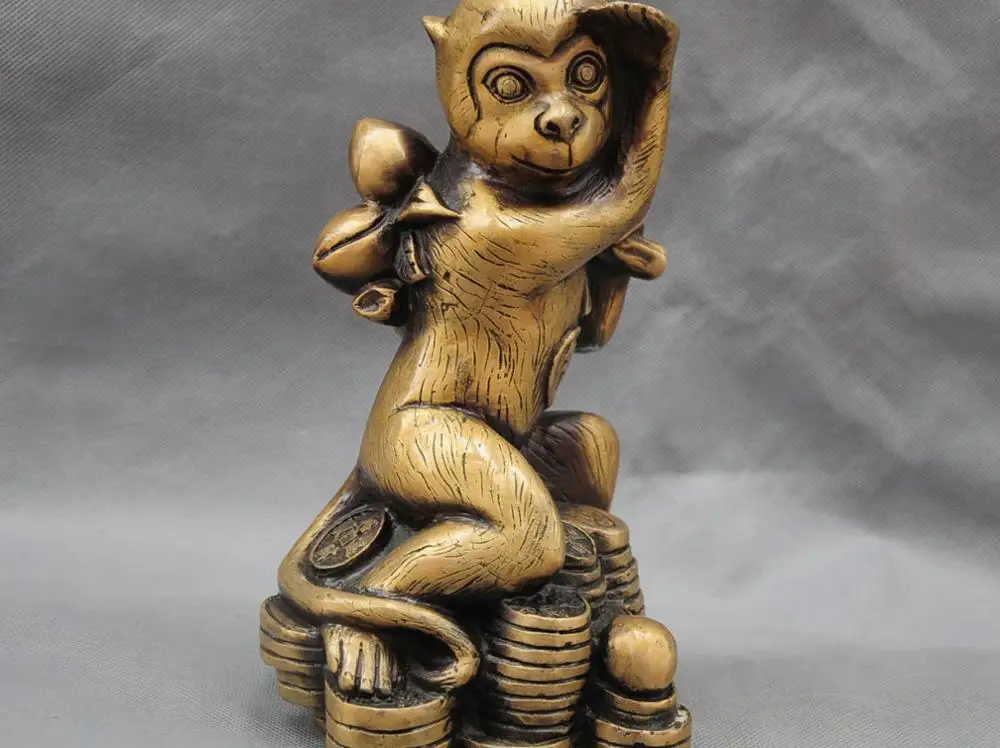 

9'' China Fengshui Zodiac Year Monkey Carve "" Word Bronze Statue