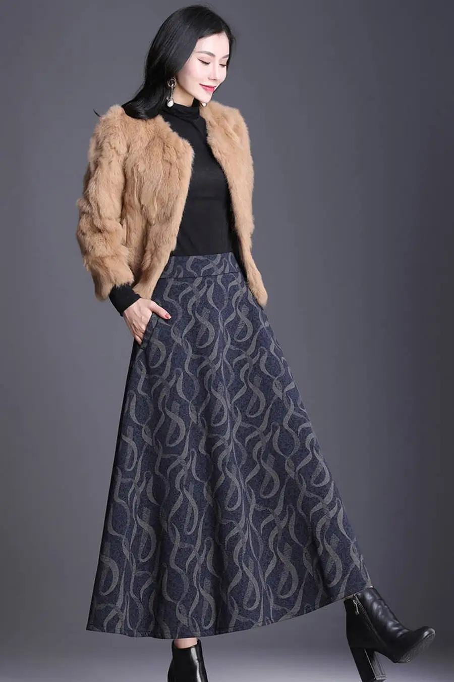 Новая осенне-зимняя женская винтажная Длинная шерстяная юбка с высокой талией, большие размеры 5XL, женские элегантные трапециевидные шерстяные юбки R193