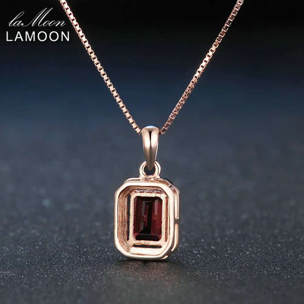 LAMOON 925 пробы Серебряное ожерелье прямоугольный красный гранат драгоценный