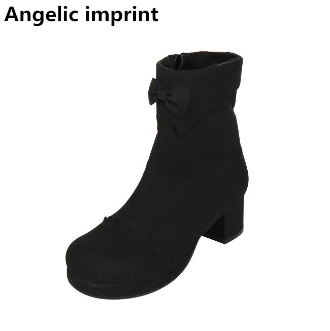 Lady Mentions Chaussures Moto Légales Mi Femmes Mori Bottes Courtes 47 Talons Pompes Flock Femme Angéliques Courte Peluche Fille Black Lolita Chaud Cheville 8wdX5q