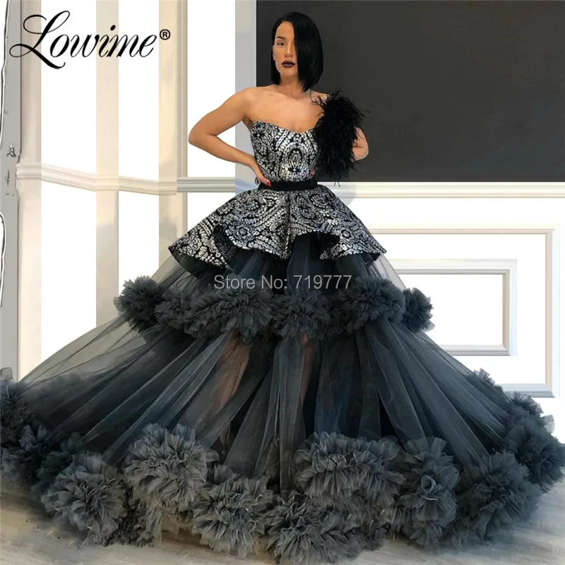 

Black Evening Dresses Abendkleider 2019 Strapless Tiered Prom Dress Islamic Dubai Saudi Arabic Formal Evening Gown Robe Soiree