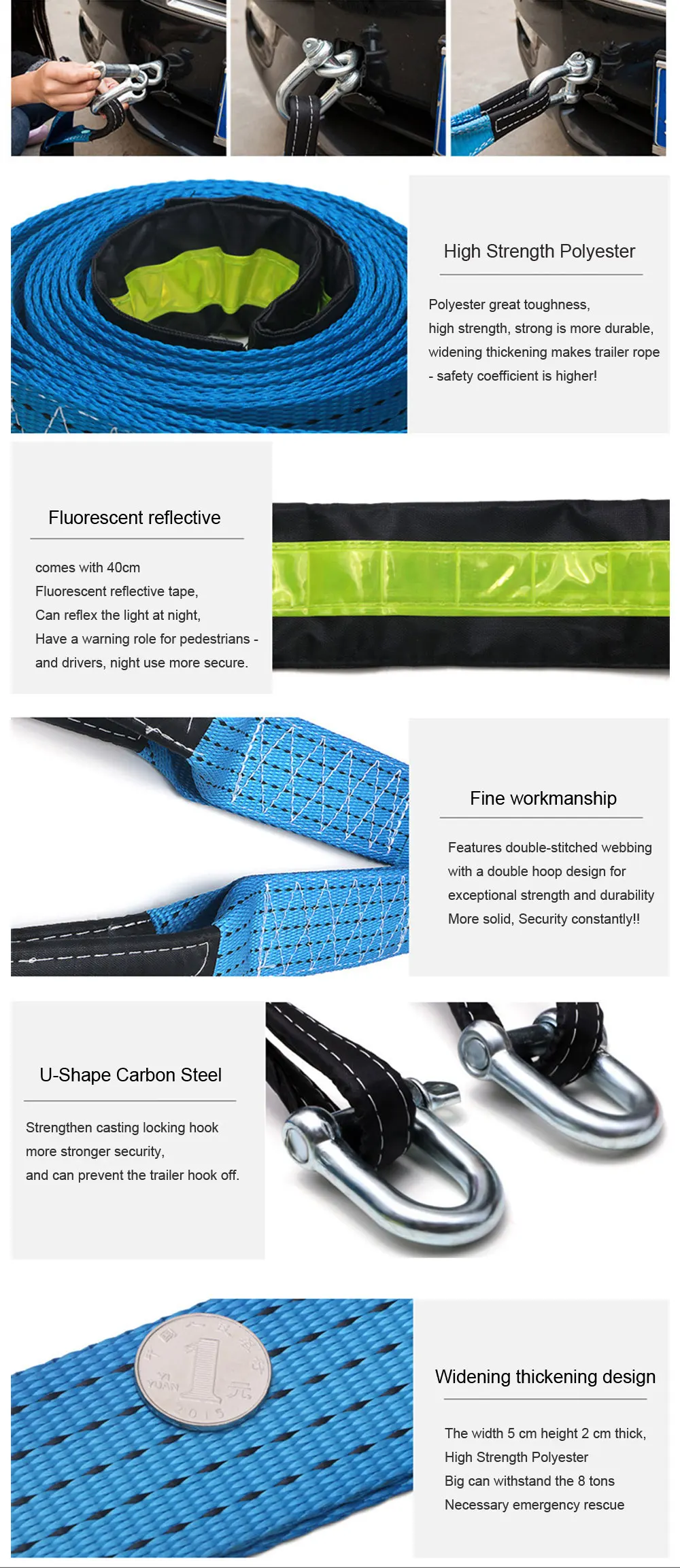 2021 LUNDA 5M 8 Tons Tow Cable Tow Strap Car Towing Rope With Hooks