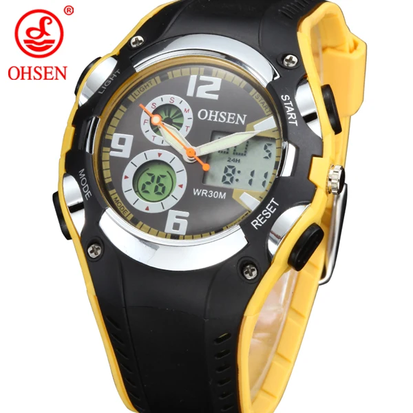 Бренд OHSEN, детские цифровые часы, спортивные часы, наручные часы для мальчиков, водонепроницаемые, с резиновой лентой, модные, Montre Enfant - Цвет: Цвет: желтый