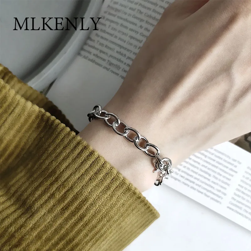 MLKENLY heavy industry cool person 925 Стерлинговое Серебро грубо обработанная цепь Пряжка Браслеты серебряная цепочка дизайн браслеты для женщин
