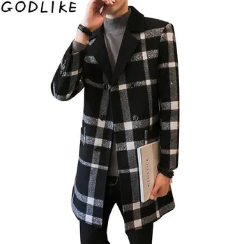 

2019 Autumn Winter Men's Plaid Long Wool Coat Business Casual Fashion Male Woolen Slim Checked Windbreaker Jacket Mens Tops