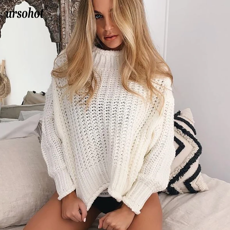 

Ursohot Autumn Winter Knitted Sweaters Women Casual Hook Flower Twisted Sweater Jumpers Lady Long Lantern Sleeve Streetwear Top