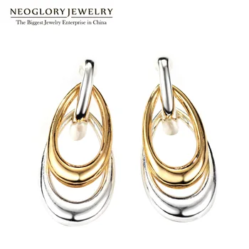 

Neoglory Fashion Water Drop Two Tone Earrings For Women Jewelry Door Knocker Post Silver Plated Light Yellow Gold Color New FA
