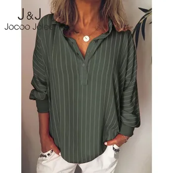 

Jocoo Jolee Women Autumn Striped Long Sleeve Shirt Loose Button V Neck Pullover Female Top 2019 Fashion Casual Plus Size Blouse