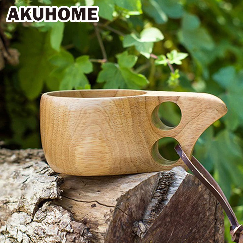 Finland Kuksa Portable Coffee Mug Rubber Wood Handle Two Hole Cowhide Rope Hook Juice Milk
