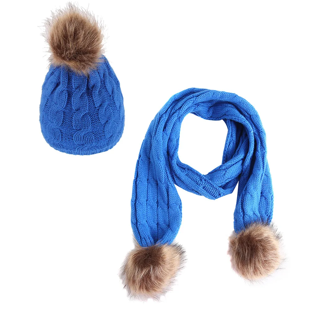 2018 детская шапка шарф дети теплые зимние шапки толстый плюс бархатная шапка и шарф комплект для девочек и мальчиков меховой помпон вязаные