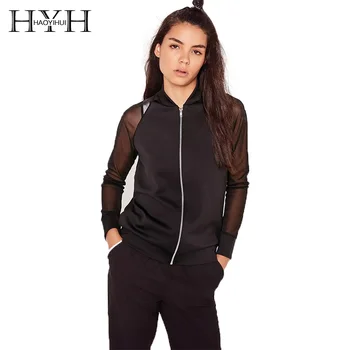 

HYH HAOYIHUI Fashion Women Coats Black Solid Jackets Regular Autumn Zippers Long Sleeve Sheer O-Neck Leisure Casual