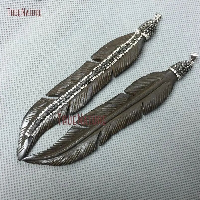 20181102-PM3084-Latest Ox Bone Pendant Gunmetal Rhinestone Pave Platinum Color Plated Feather Pendant_1