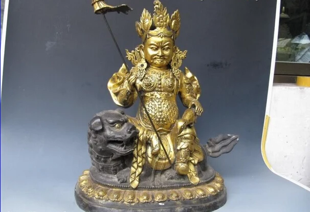 

song voge gem S0866 24"Tibet Fane Folk classical Old Bronze Gild Vaishravana King Buddha Sit Lion