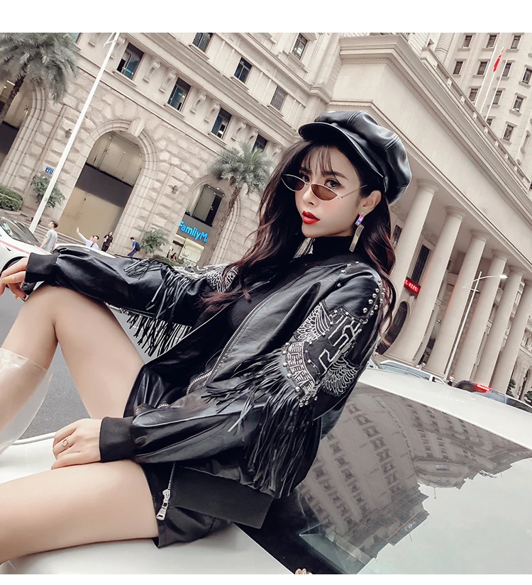 

Women Embroidery Fake Leather PU coat Fringe sleeve Loose Biker Jacket Spring Autumn New Arrival Big Size Hot Sale