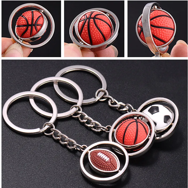 100pcs 3D Rotating Basketball Football Rugby Keychain Sports Keyring