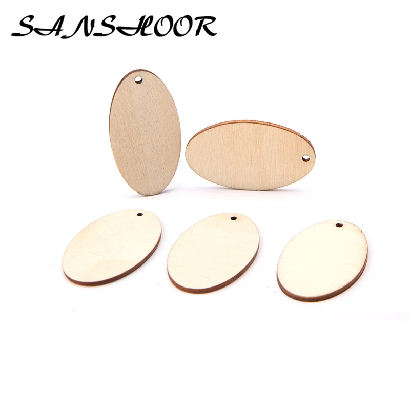 

SANSHOOR 40*25mm Thin Oval Wooden Chip Blank Dangles Hanging Ornaments Pendant Fit Painting Earrings Crafts 30Pcs/lot