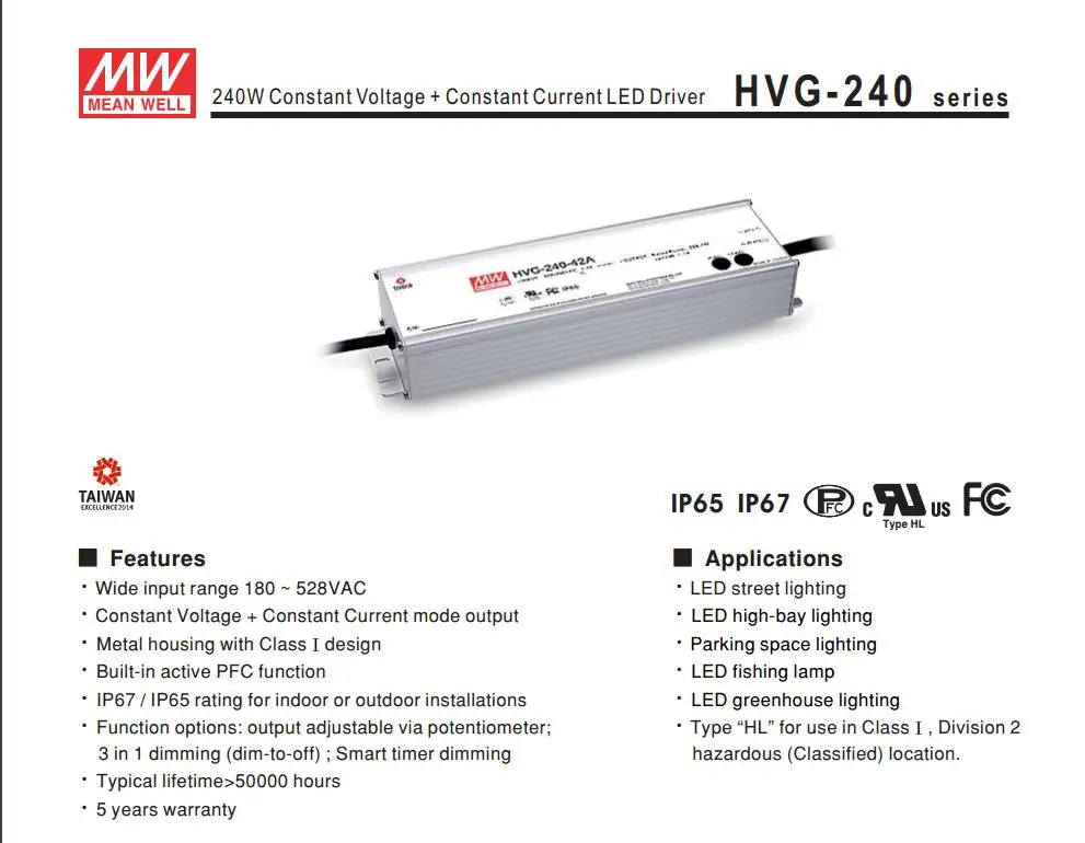 

MEAN WELL HVG-240-24A 24V 10A meanwell HVG-240 24V 240W Single Output LED Driver Power Supply A type
