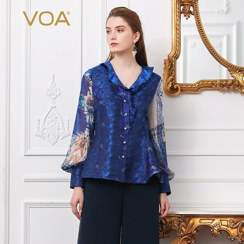 VOA Silk Women Tops Blue Print Shirt Plus Size Blouse V Neck Ruffle