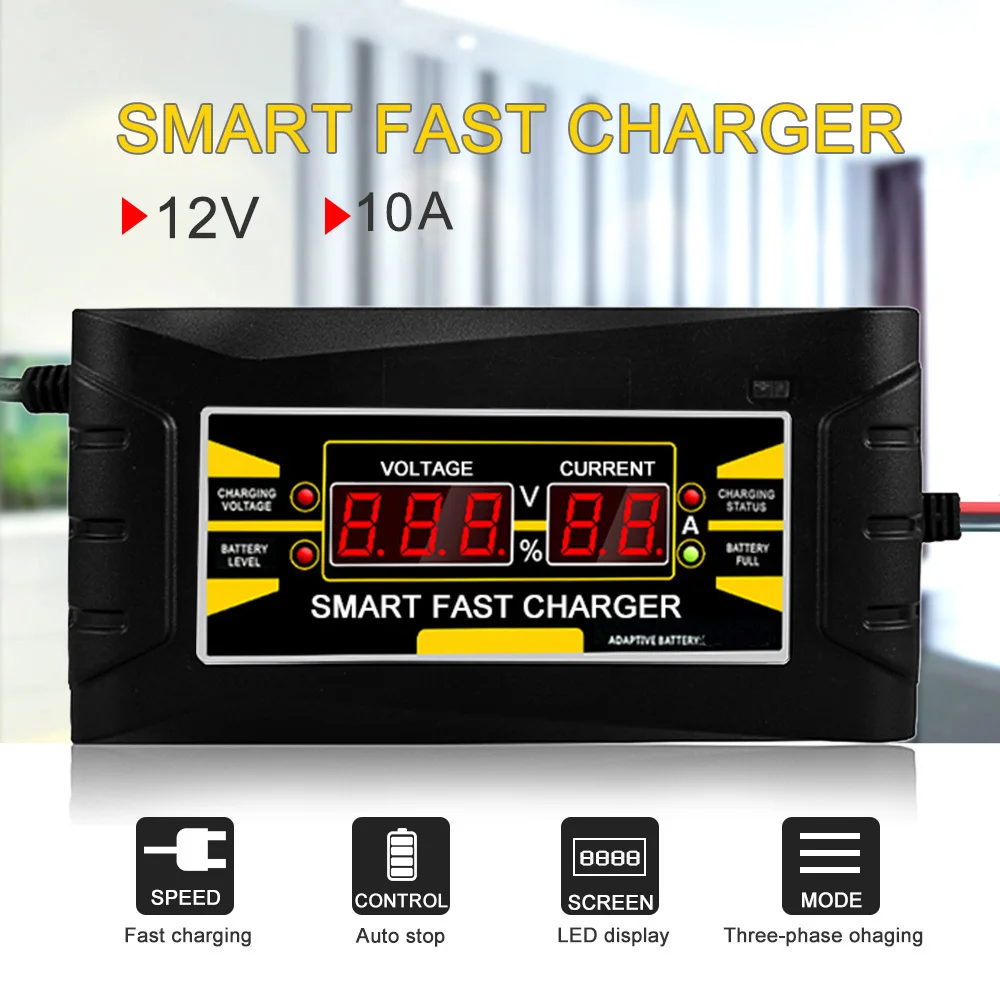 Полностью автоматический умный автомобильный аккумулятор Charger12V 10A свинцово-кислотный/гелевый Аккумулятор Зарядное устройство с ЖК-дисплеем ЕС/США штепсельная вилка умное быстрое зарядное устройство