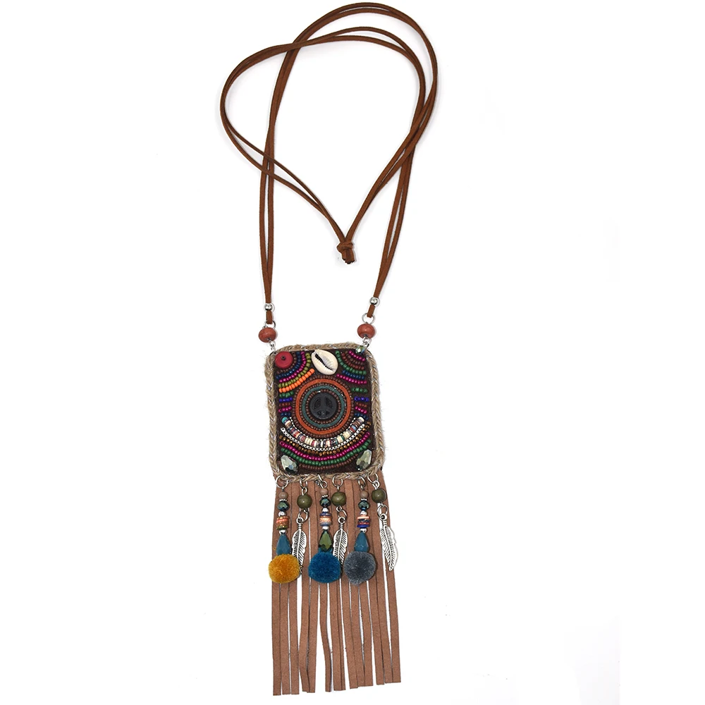 New handmade Boho Bohemia beads chain leather tassel pendents necklce unique long fringe tassel Pompous pendants Necklaces