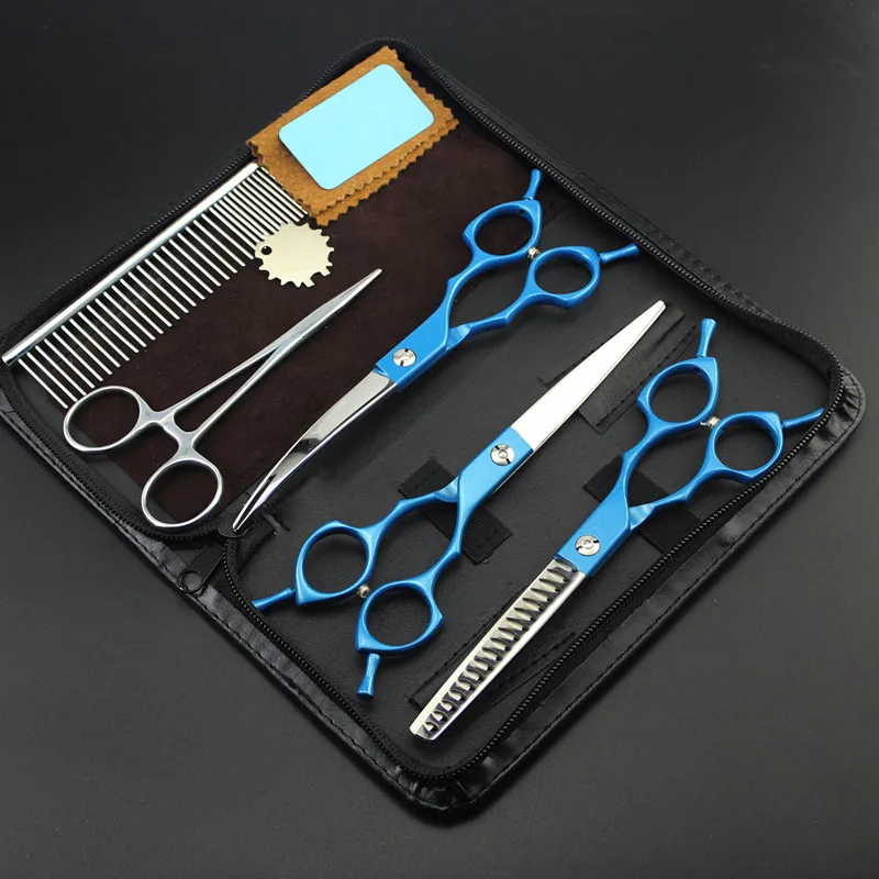 5 kit Professional Japan 440c 6.5 inch blue dog grooming hair scissors pet cutting barber thinning shears hairdressing scissors